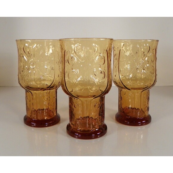 Libbey COUNTRY GARDEN Daisy Pattern Amber Glass Cooler Tumbler (s) LOT OF 3 - Picture 1 of 8